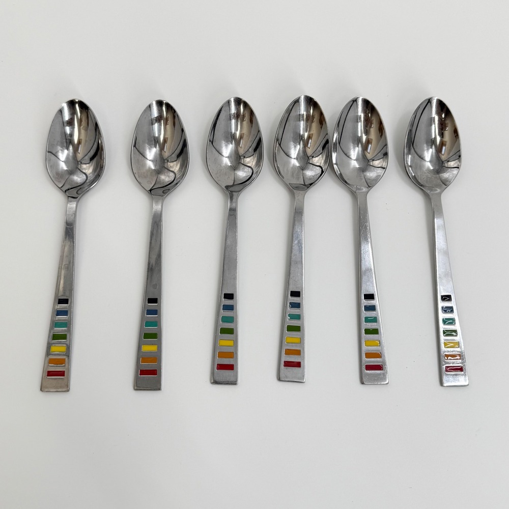 6 Fiestaware Celebration Stainless Soup Spoons Rainbow Inlay Flatware
